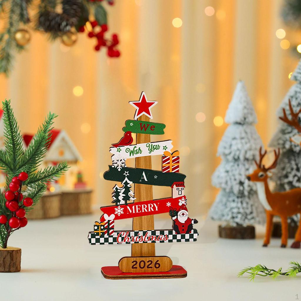 Wooden Christmas Tree Sign Plaque Small Xmas Desk Ornament for Bedroom Bookshelf