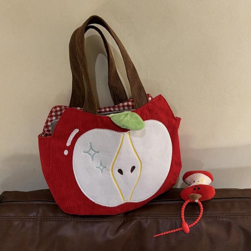 Red Fruit Handbag Creative Cute Corduroy Shoulder Bag Stylish Outing Canvas Bag With Fruit Pendant Casual Versatile Shoulder Bag