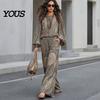 Relaxed Fit Women Outfit Boho Print 2 Piece Sets for Women, Casual Long Sleeve Top Side Pocket Pants Wide Leg Matching Sets, Summer Loose Travel