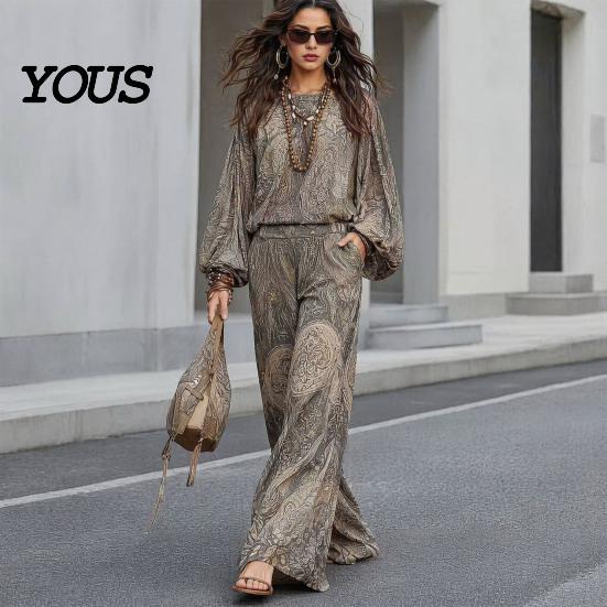 Relaxed Fit Women Outfit Boho Print 2 Piece Sets for Women, Casual Long Sleeve Top Side Pocket Pants Wide Leg Matching Sets, Summer Loose Travel