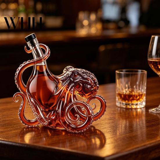 Nautical Spirits Bottle Octopus-Shaped Glass Decanter, 3D Artistic Borosilicate for Whiskey Wine Soda, Ocean Themed Bar Decor 350ml Decorative Liquid