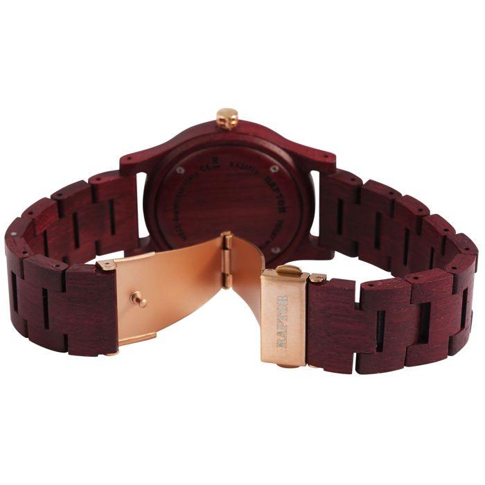 Montre bracelet - RAPTOR - Malte - Bracelet bois amarante - Cadran rouge - Quartz GM12