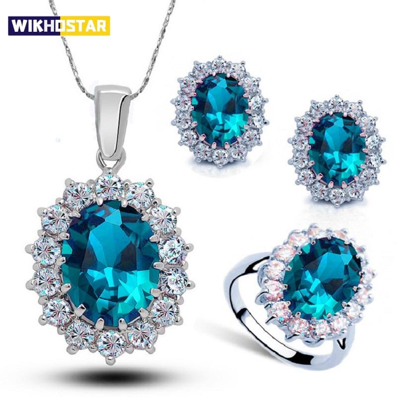 Authentic 925 Sterling Silver Plated Women Wedding Engagement Jewelry Collections Princess Oval Zircon Crystal Necklace Earrings Ring