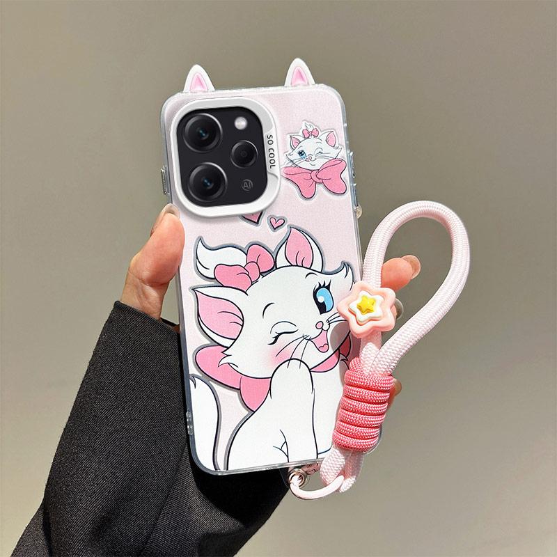 KEYSION Cute Ear Cartoon Case for Redmi 12 4G with Lanyard Soft Silicone+PC Shockproof Phone Back Cover for Xiaomi Redmi 12 5G