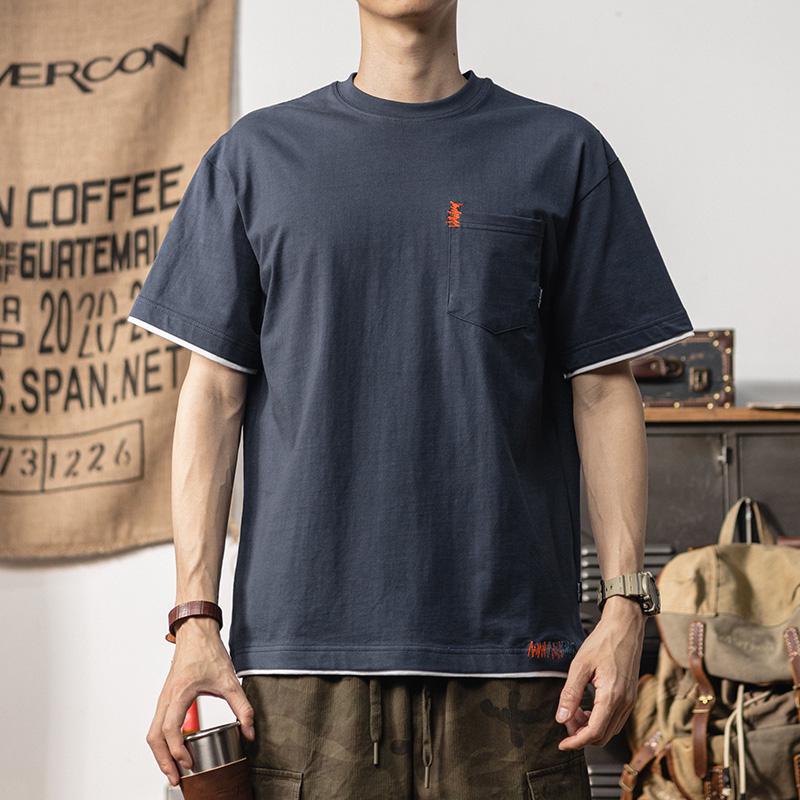 

Футболка с коротким рукавом, круглым вырезом и вышивкой в стиле колор-блок - Тяжелый хлопок, Повседневный американский стиль с карманом L (120~140 jin) королевский синий