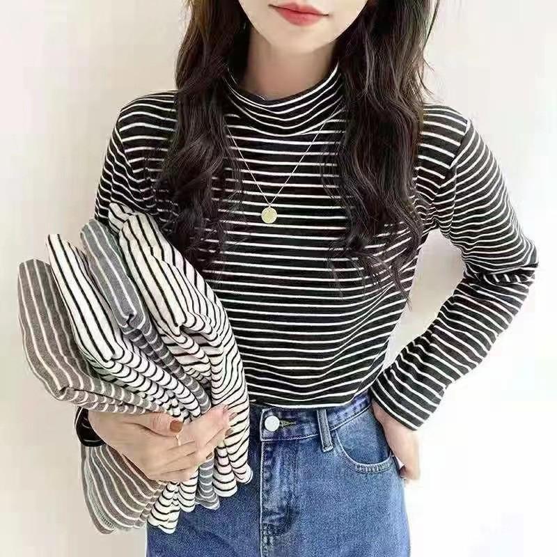 Women's Striped Velvet Mid-Neck Pullover - Autumn/Winter Warm Slim-Fit Long Sleeve Shirt
