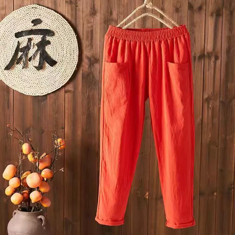 

Женские свободные узкие брюки из хлопка и льна, летние тонкие шаровары с девятью точками, повседневный прямой крой XXXL красный