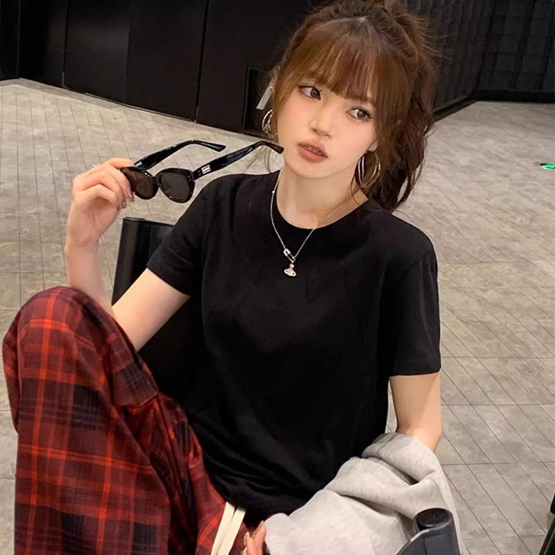 Women's Casual Minimalist Korean White Cotton Short-Sleeve Round Neck T-Shirt