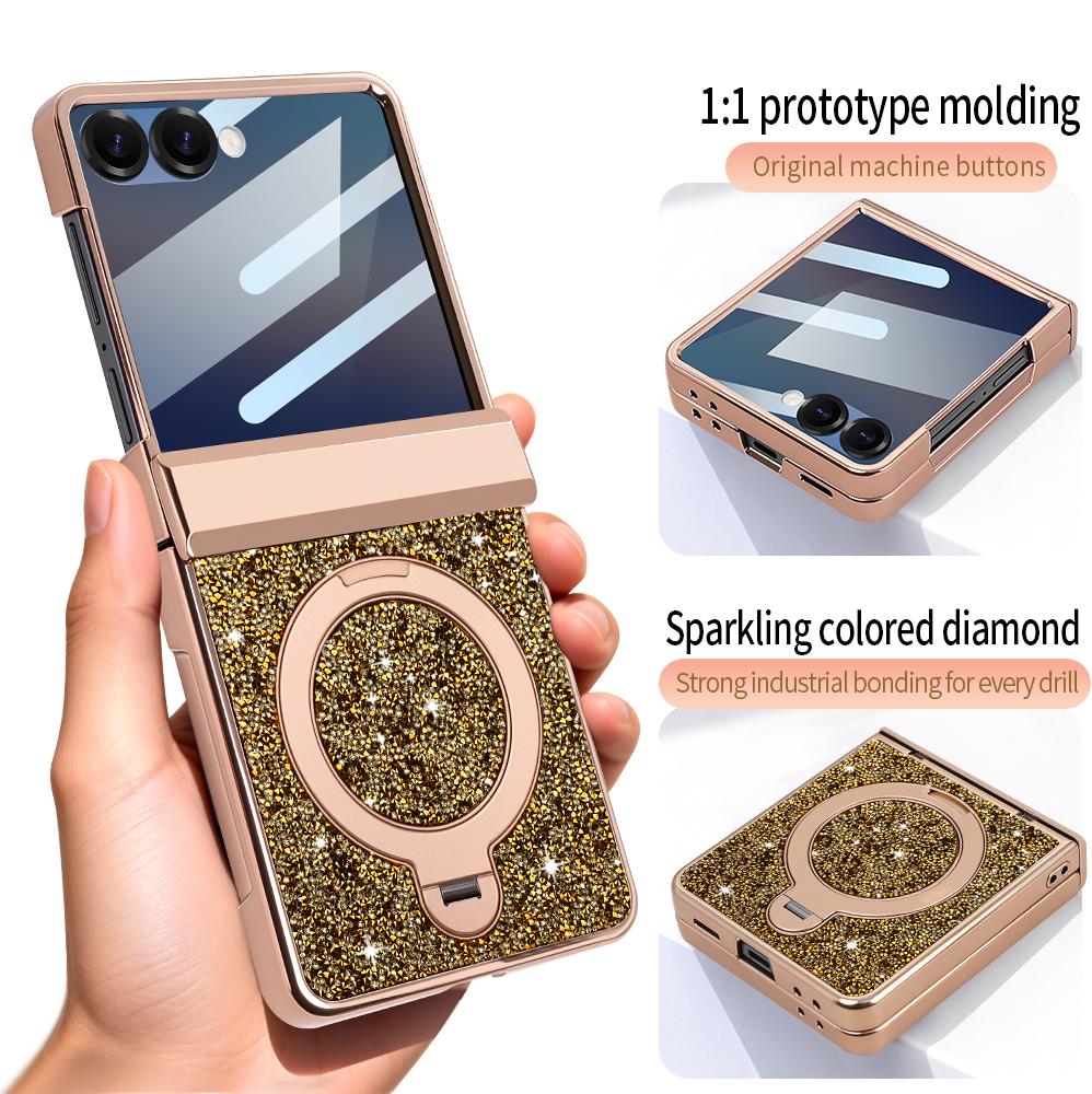 Glitter Faux Leather for Samsung Z Flip 7/6 Phone Case with Magnetic Rotatable Kickstand, Anti-peep Film Protective Hinge Cover