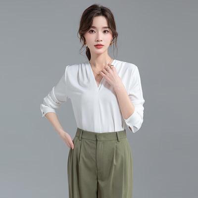 Damen Professionelle V-Ausschnitt Langarm Chiffon Bluse