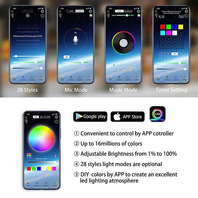6PCS Flowing Color RGB LED Strip Under Car Neon Light 60*150 90*180 BT App Control Car Products