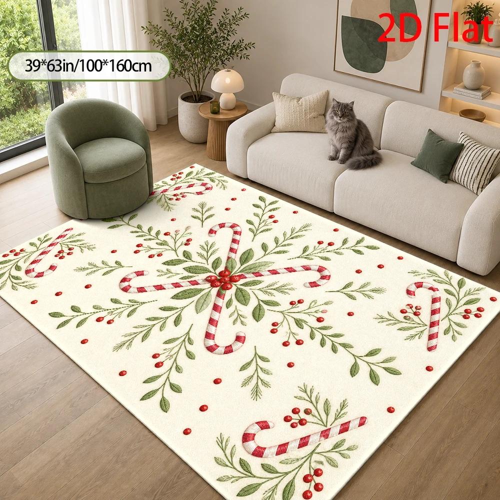 2D Flat Christmas Rug with Flower & Candy Cane Pattern, Festive Soft Durable Decor Mat for Indoor & Outdoor