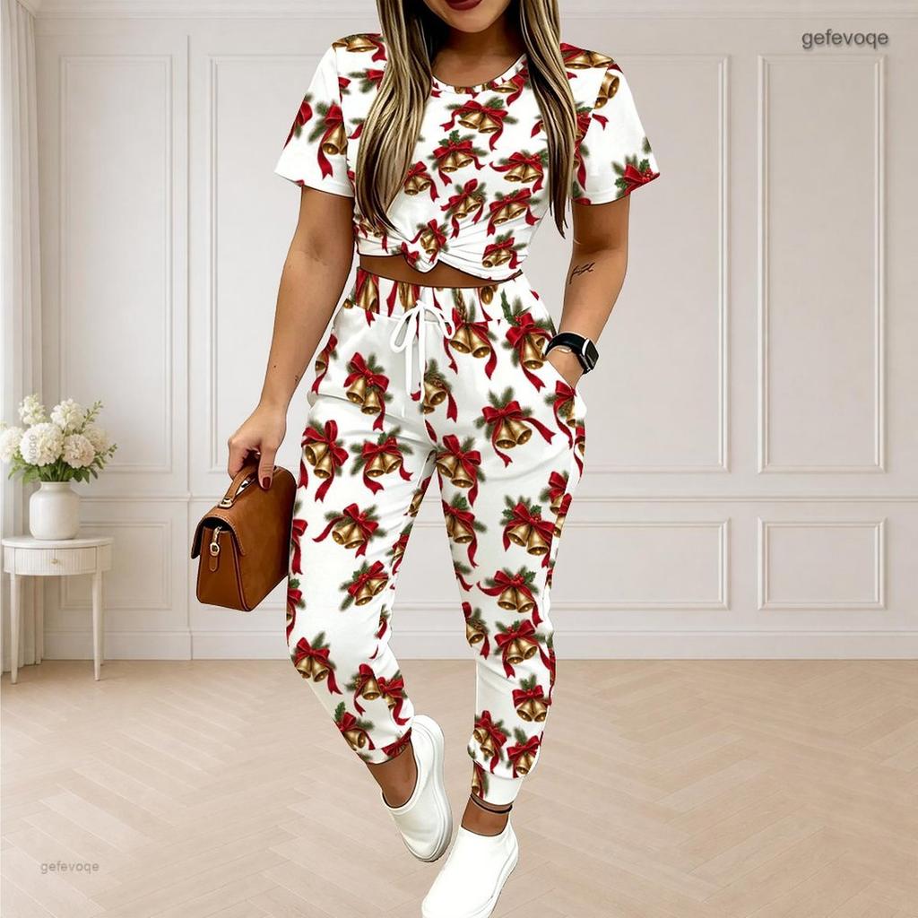 Women Plus Size Round Neck Short Sleeve Printed Crop Top Drawstring Pants Two Piece Set With Pockets
