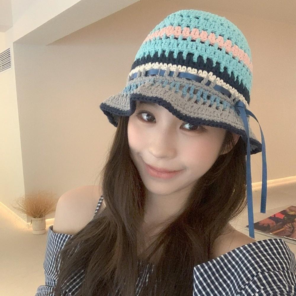 Handmade Knitted Bucket Hats Bow Ribbon Weave Hats Versatile Hollow Basin Cap  Streetwear