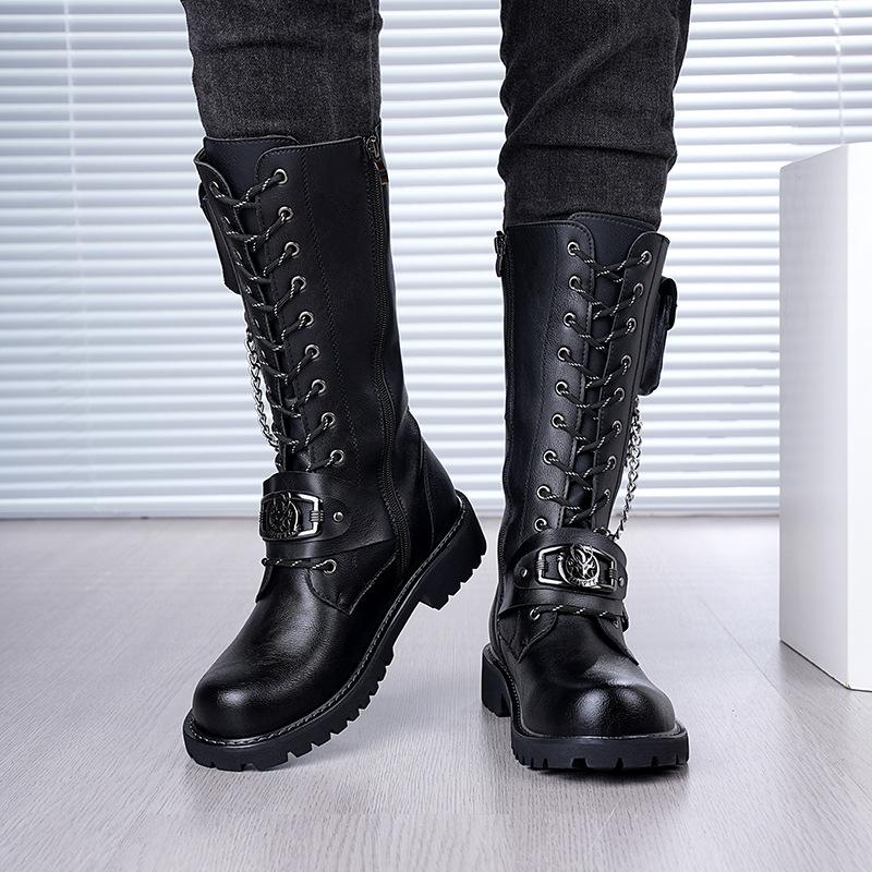 2025 Rock Boots Tall Men's Leather Boots Skull Chain Lace-up Cowboy Boots Thick Sole Trend Stage Martin Boots