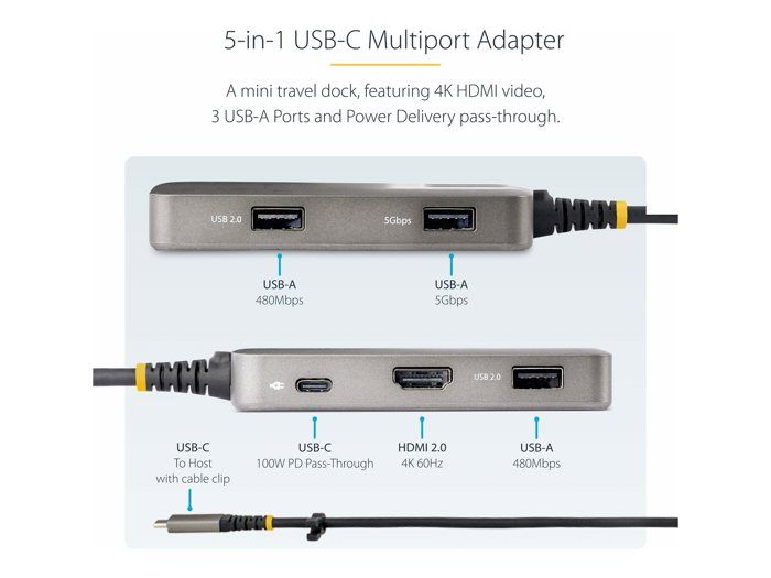 USB-C Multiport Adapter - STARTECH - 104B-USBC-MULTIPORT - HDMI 4K 60Hz - 3 USB Ports - 100W Power Delivery