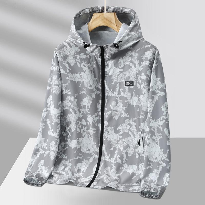 

Men s Plus Size Camo Print Sun Protection Hooded Jacket, Lightweight Breathable Zip Up Coat 10XL(140kg-150kg) білий