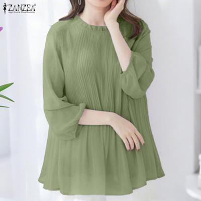 Women Casual Round Neck Solid Color 3/4 Sleeve Blouse