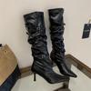Strap metal buckle pointed high heel boots autumn and winter wrinkled high boots Maillard stacking boots