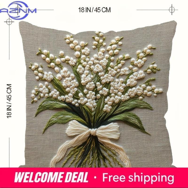 Lily Of The Valley 2D Flat-Printed Pillow Cover With Non-Real Embroidery Sofa Cushion Cover, Home Decoration, 2D Printing