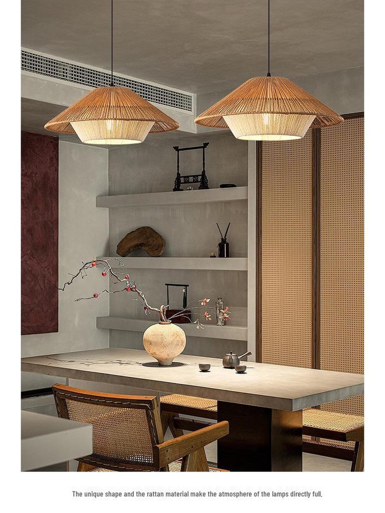 Zen-Inspired Chinese Pendant Lamp with Hemp Rope and Japanese Straw Hat Design
