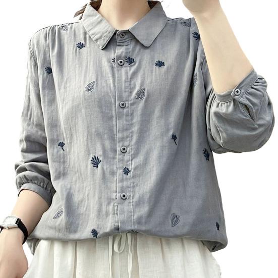 

Women Shirt Lapel Long Sleeve Single Breasted Shirt Tops Loose Fit Leaf Pattern Casual Shirt Work Party Vacation Daily Wear 3XL сірий
