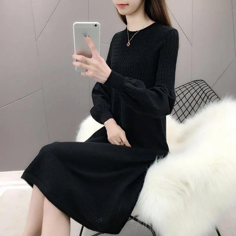 Women Autumn and Winter Long Sleeve Sweater Dress Solid Color O-Neck Lantern Sleeve Elegant Knitted Dresses