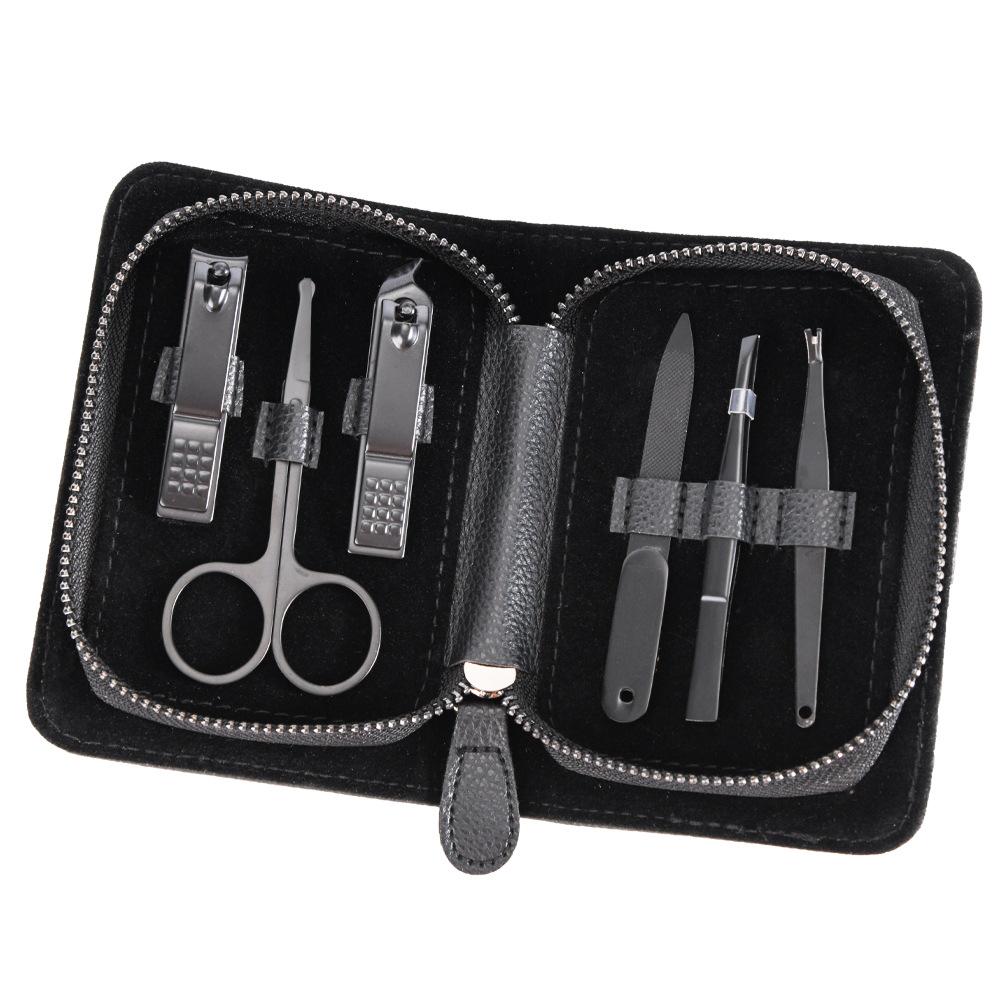 Business Style Nail Care Set: Carbon Steel Nail Clippers, PU Leather Case, Nose Hair Trimmer, Eyebrow Tweezers, Nail File