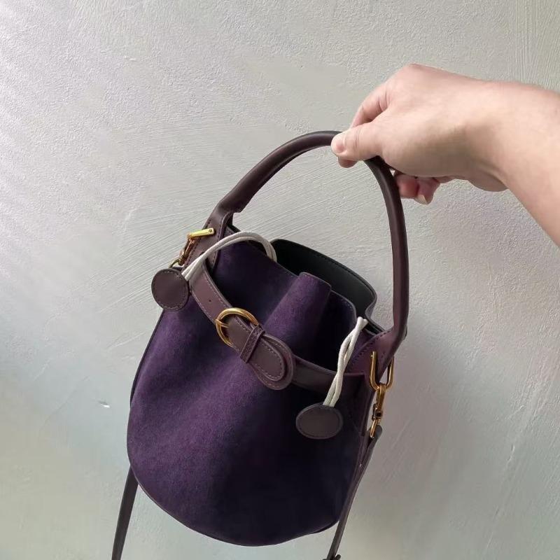 Leather Bag Women's Purple Suede High-End Bucket Bag Luxury Handbag Belt Design Fashion Versatile Shoulder Crossbody Purse