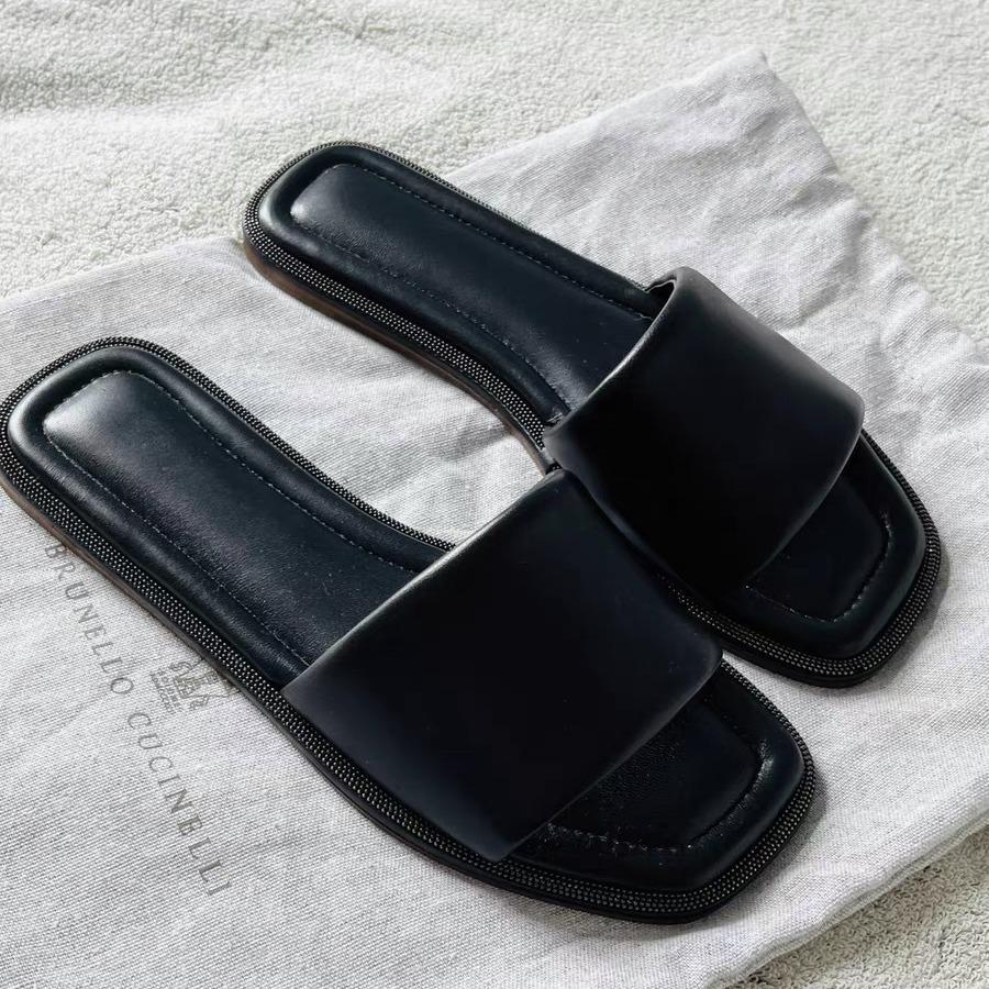 Leather with Diamond Edge Square Head Soft and Comfortable Flat Bottom One Word Cool Slippers Women's Fashion 2025 Summer New