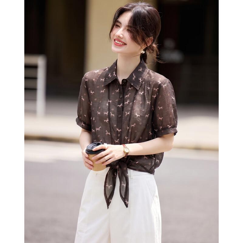 TERRE BLEUE Women s Printed Short Sleeve Casual Shirt M