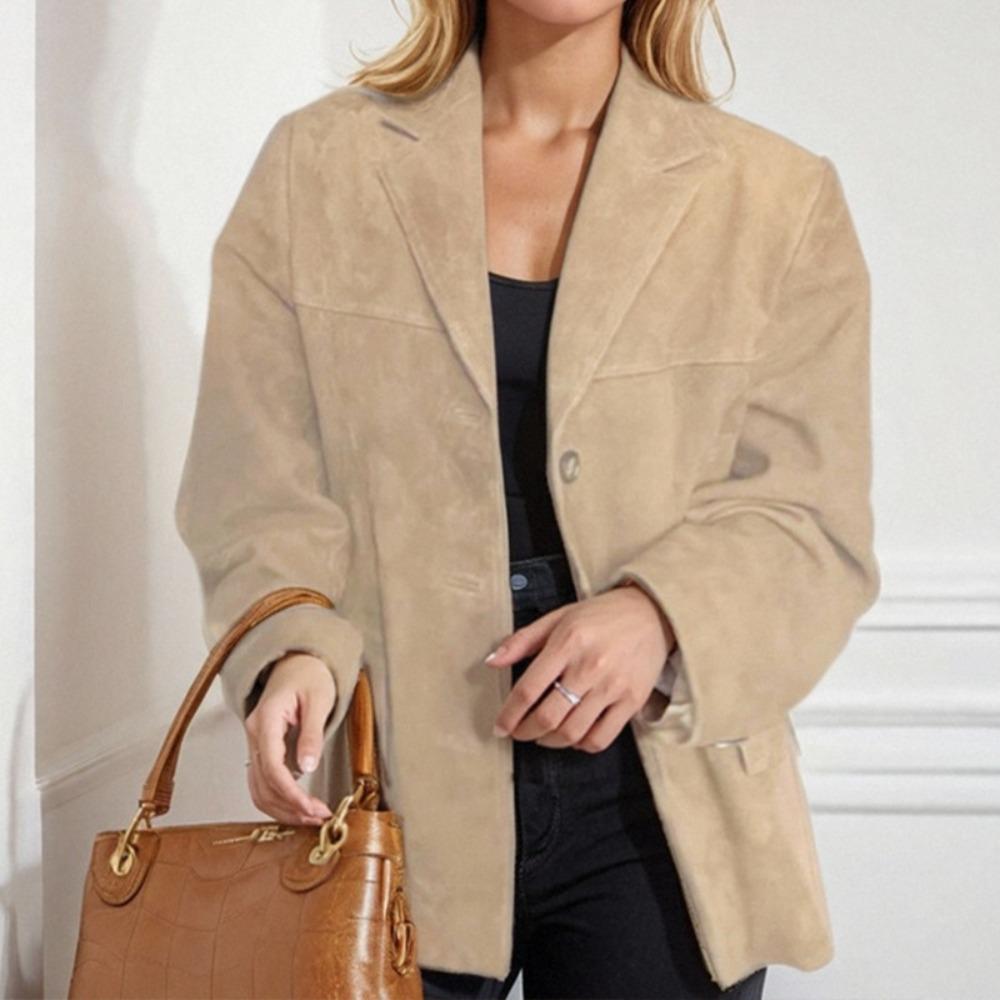 Women's Retro Suede Blazer, Casual Loose Single-Breasted Long Sleeve Office Coat