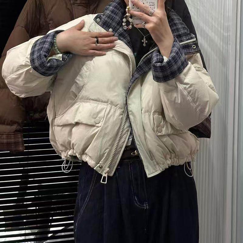 

Женский короткий пуховик в клетку 2025 новый ретро японский милый утолщенный пуховик из белого утиного пуха S