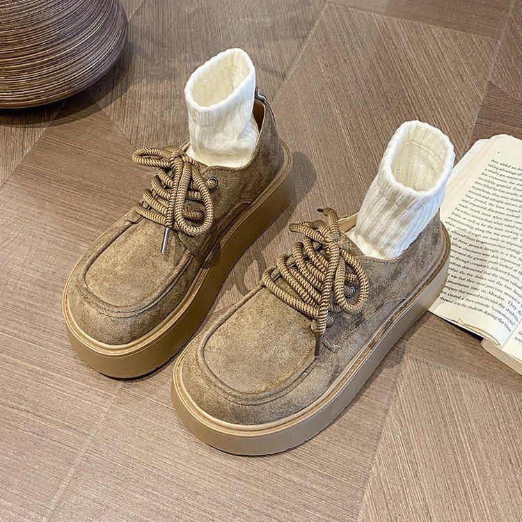 Women's Spring Retro Lace-up Thick Sole Loafers - Height-Boosting Versatile Birkenstock Style.