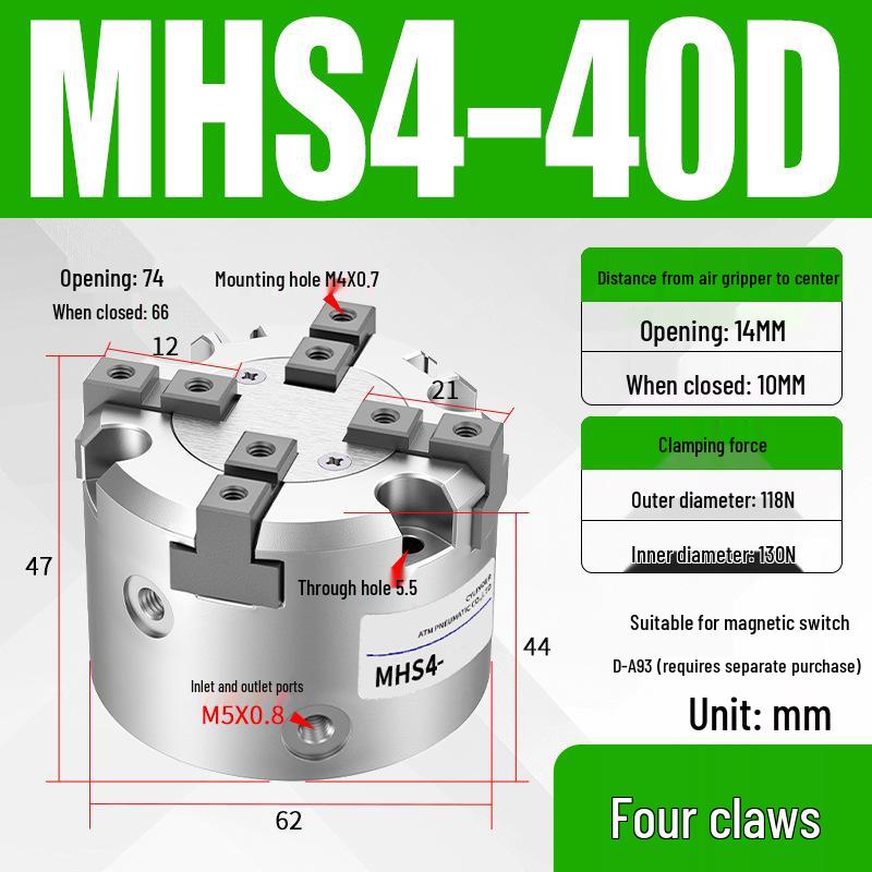Pneumatic Gripper with Dual, Triple, and Quad Jaw Options: MHS2/3/4-16D/25D/40D/50/63D Clamping Cylinder