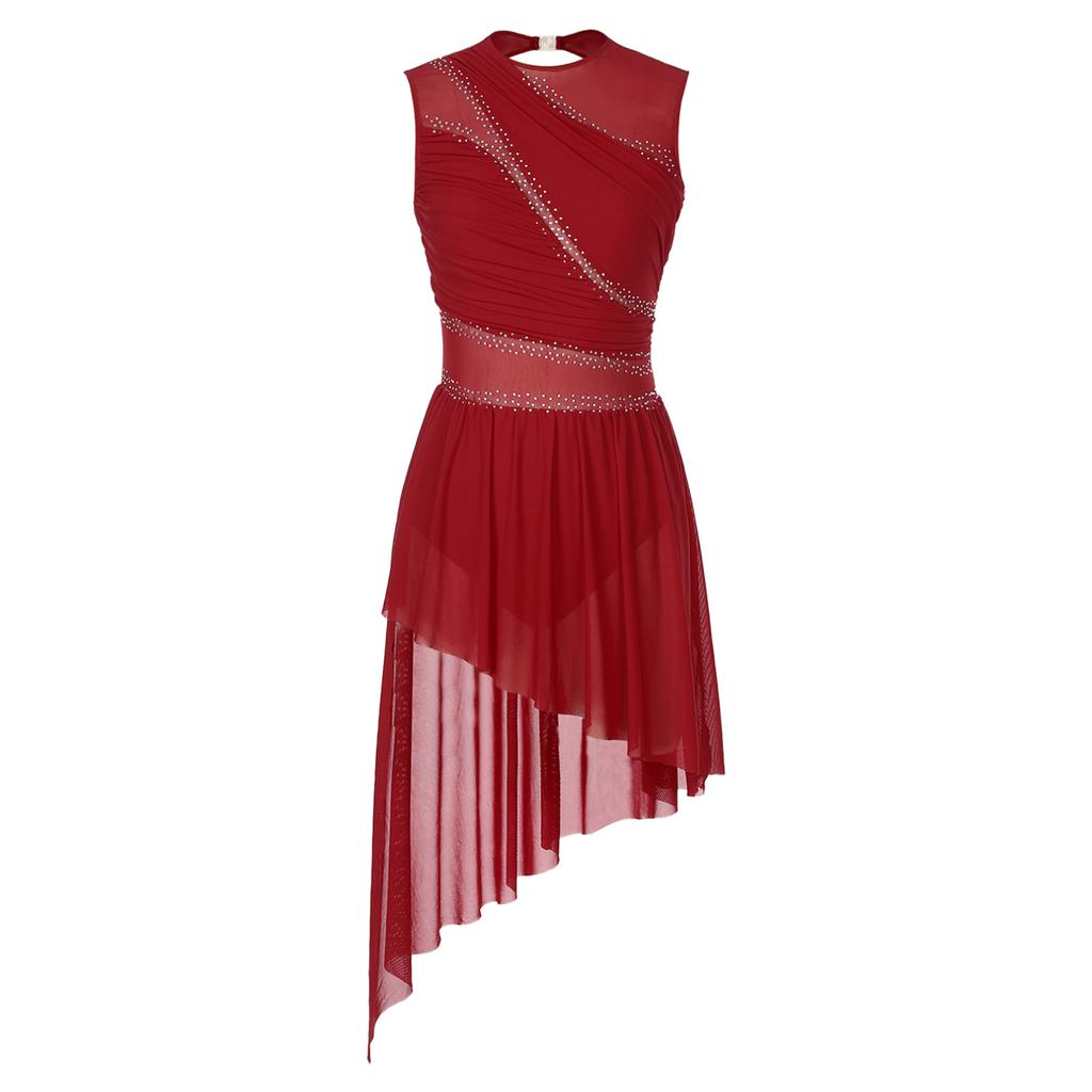 Frauen Lyrical Dance Kleid Strass Sheer Mesh Tüll Flowy Trikot Eiskunstlauf Tanz Kostüm
