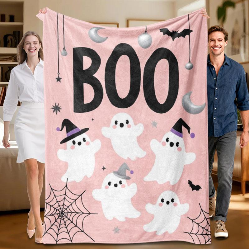 1 piece Halloween-themed pink flannel blanket, soft, suitable for sofa, bed, office, all-season use.