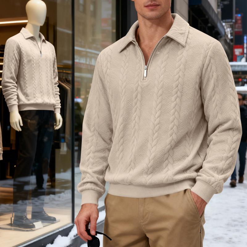 2026 Men's Heavyweight Textured Lapel Zip Polo Sweatshirt for Spring/Autumn