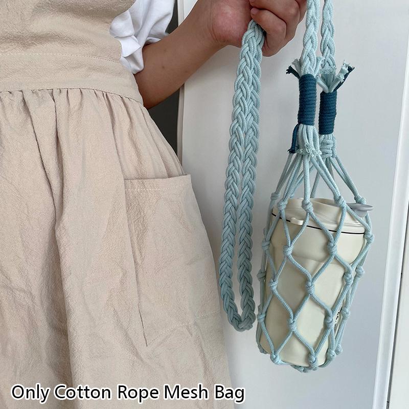 

1PC Cotton Rope Bag Hand Woven Visible Bag Portable Cup Cover Creative Crossbody Cup Cover With Strap 8 colors