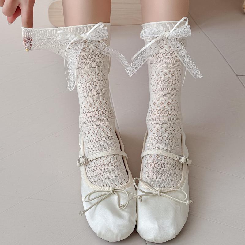 Women's Ballet-Style Mesh Mid-Calf Socks with Sweet Lace, Ribbons & Bows for Spring/Summer.