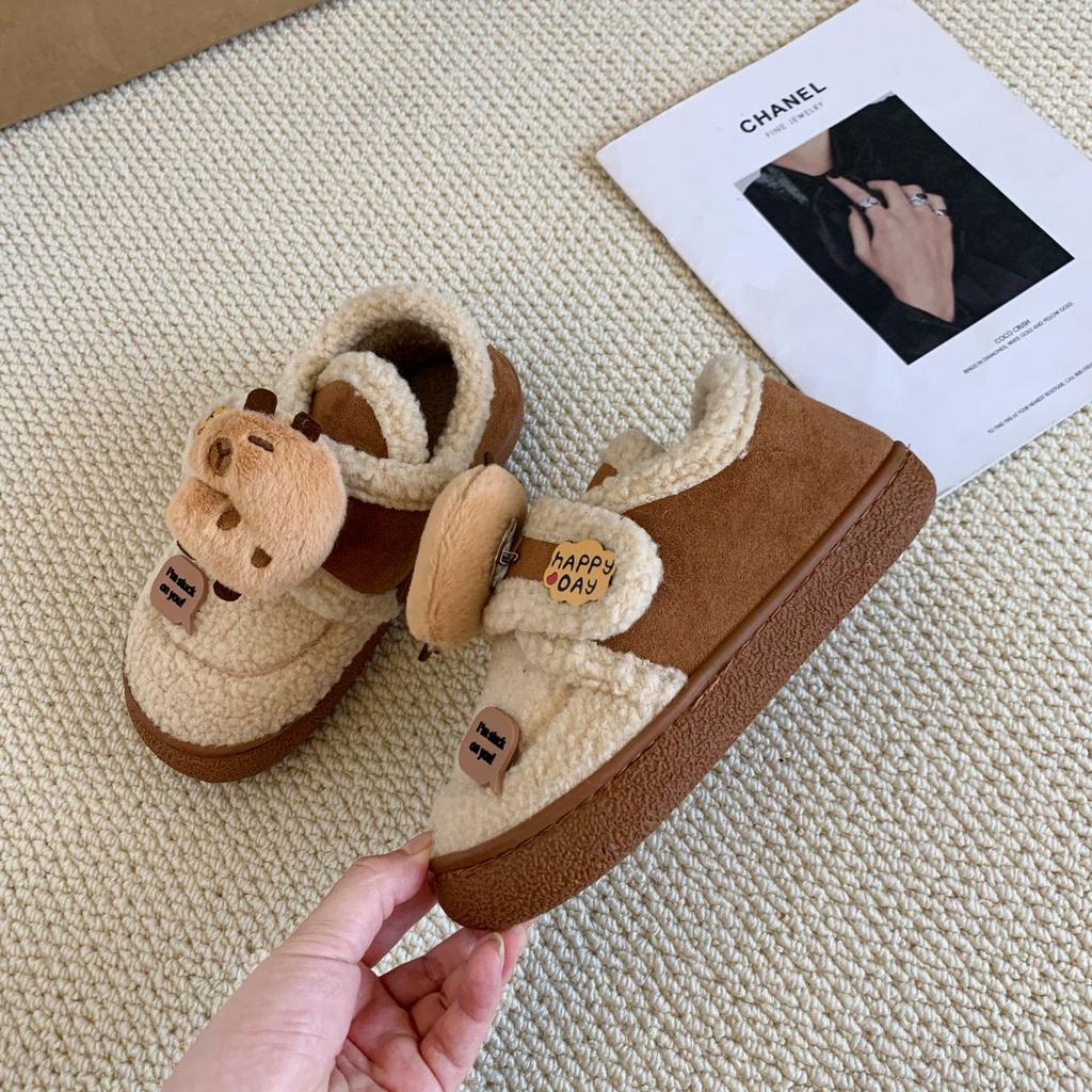 Cute Kapibara Thermal Shoes Lamb Wool Beanie Shoes 2025 Winter New Velcro Toys Non-slip Cotton Shoes