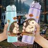 1PC Autumn Hedgehog With Leaves 750ml Color Plastic Sports Water Bottle Leakproof Flip Straw Lid Suitable for Sports Office Home Use