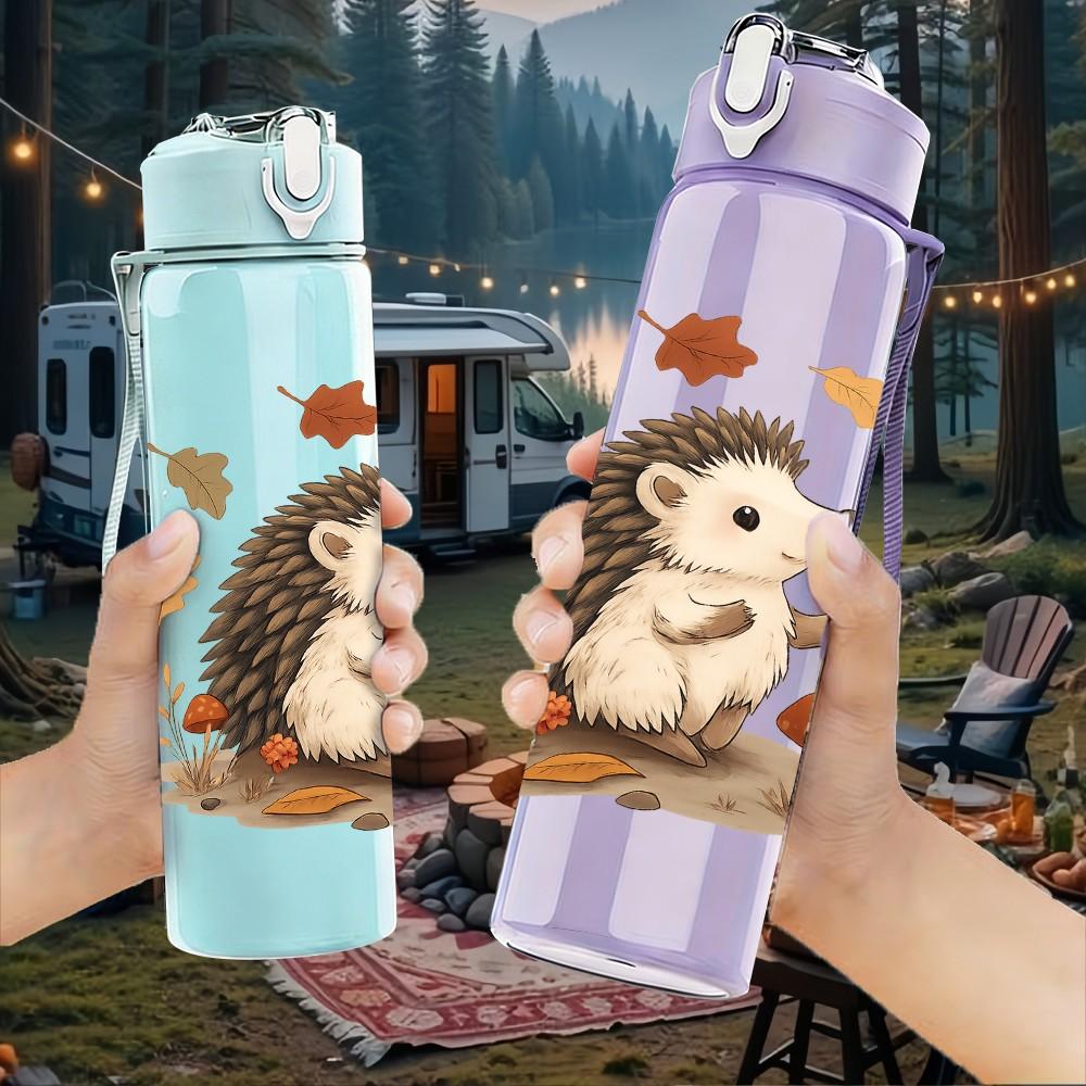 1PC Autumn Hedgehog With Leaves 750ml Color Plastic Sports Water Bottle Leakproof Flip Straw Lid Suitable for Sports Office Home Use
