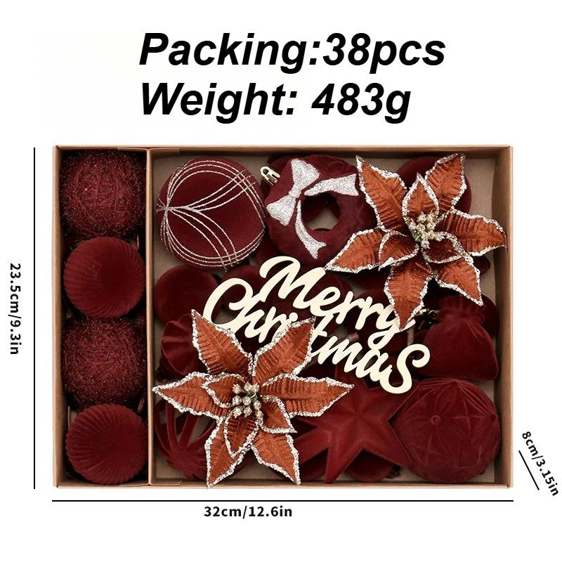 38PCS Luxury Plush Christmas Ball Set Xmas Ball Tree Top Star Bow Flower Combination Santa Tree Decor Set Christmas Home Decor