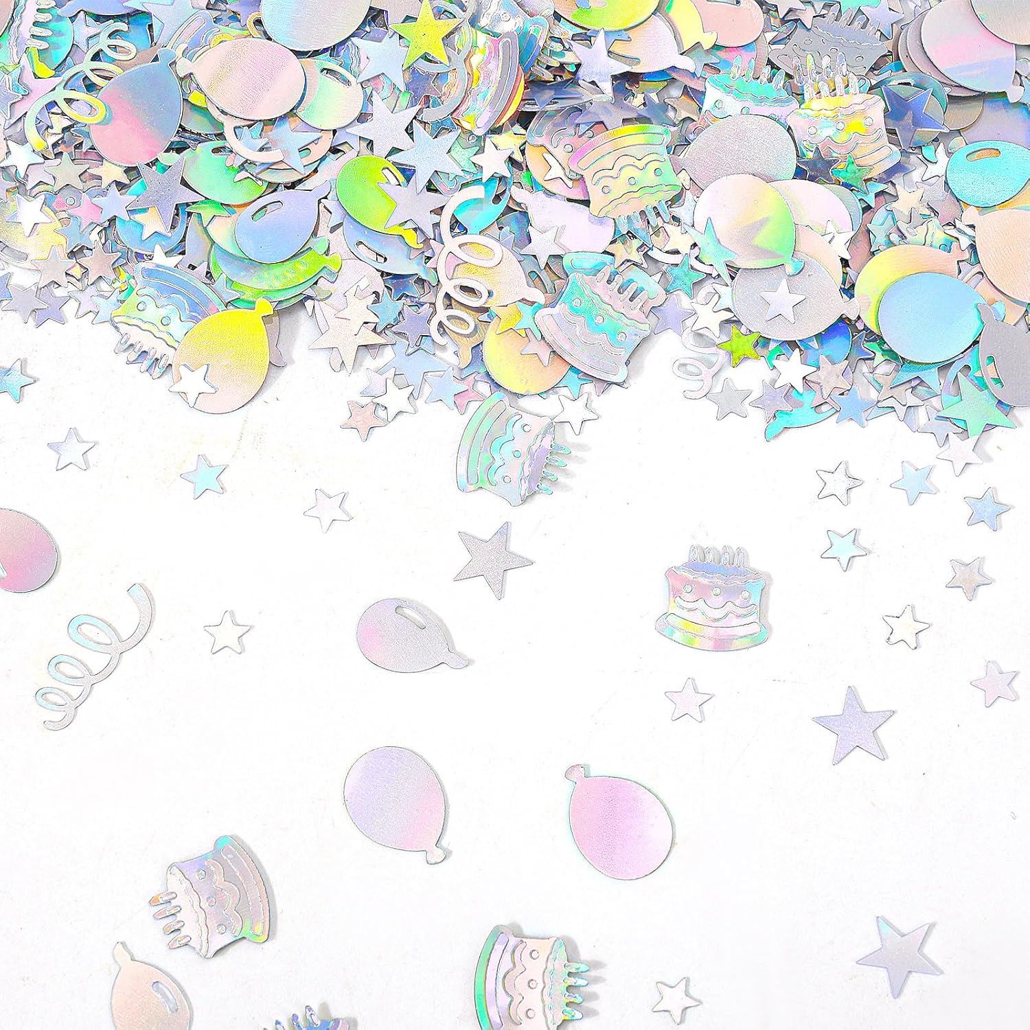 600pcs Birthday Confetti, Metallic Birthday Table Scatter Iridescent Party Confetti for DIY Crafts Cake Balloons Stars Ribbons Shapes Festive Table