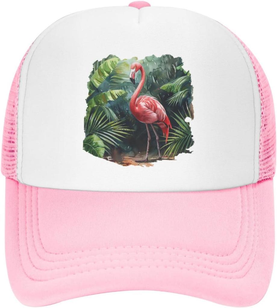 Flamingo Watercolor Palm Leaves Mesh Trucker Hat Adjustable Snapback Baseball Cap for Men Women