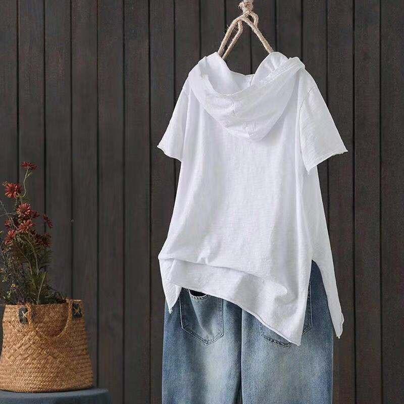 Cotton Hooded T Shirt Women Summer Style Pocket Printing Loose White Short Sleeve Hole Casual Top Y2k