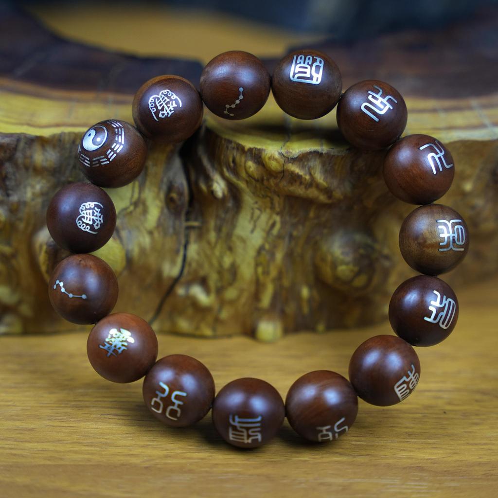 Natural Jujube Wood & Sterling Silver Mantra Bracelet with Jade Inlay - Buddhist Prayer Beads Pendant
