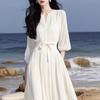 Rochie elegantă albă din șifon franțuzesc - Stil zeiță de primăvară/vară