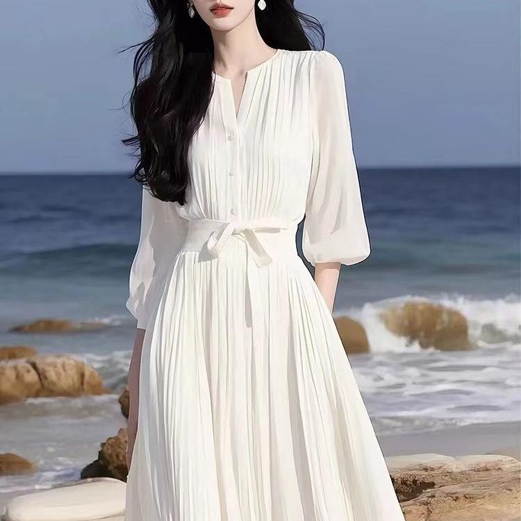 Rochie elegantă albă din șifon franțuzesc - Stil zeiță de primăvară/vară